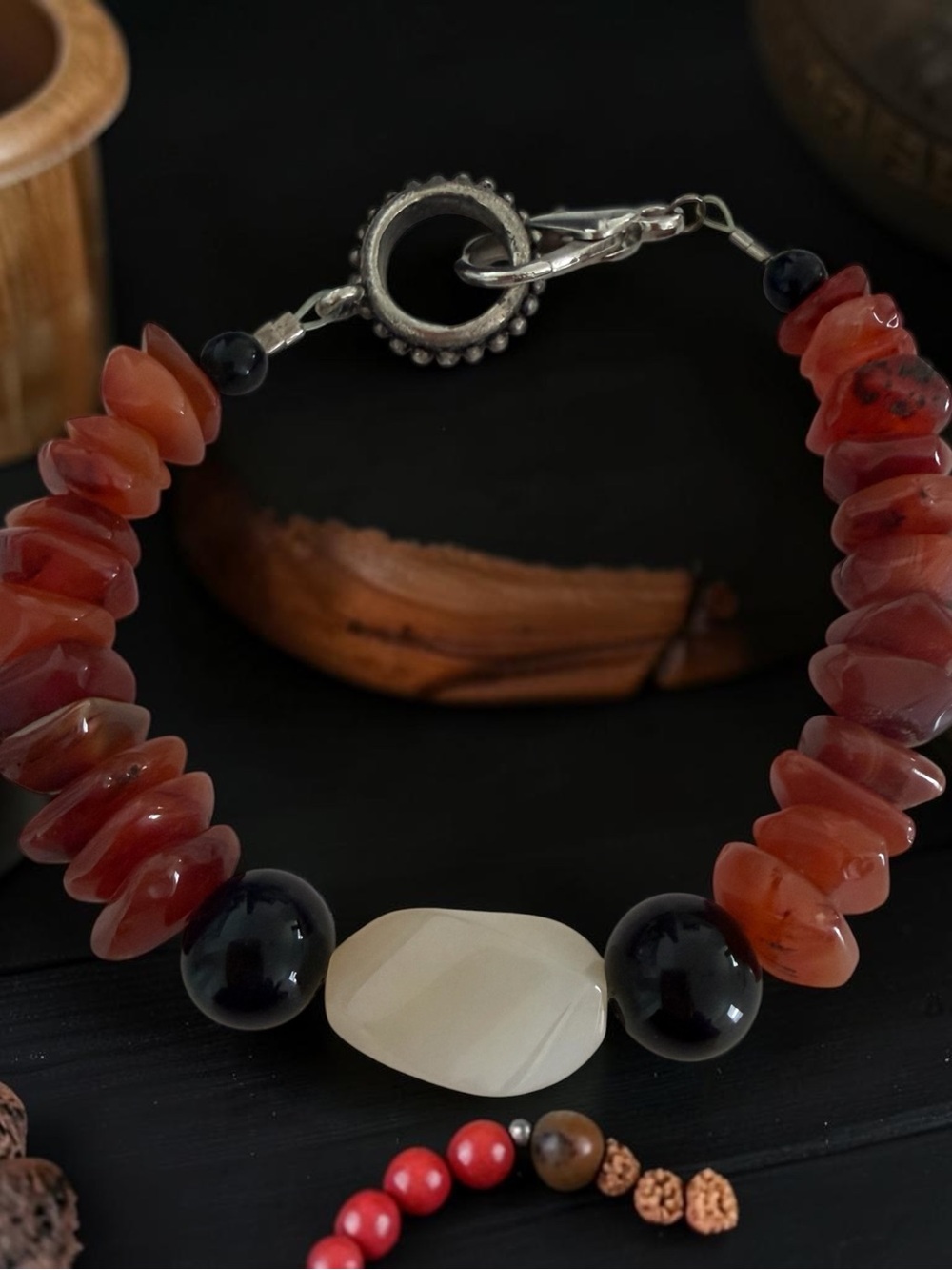Handmade Red Carnelian & Black Onyx Beaded Bracelet with White Agate Accent